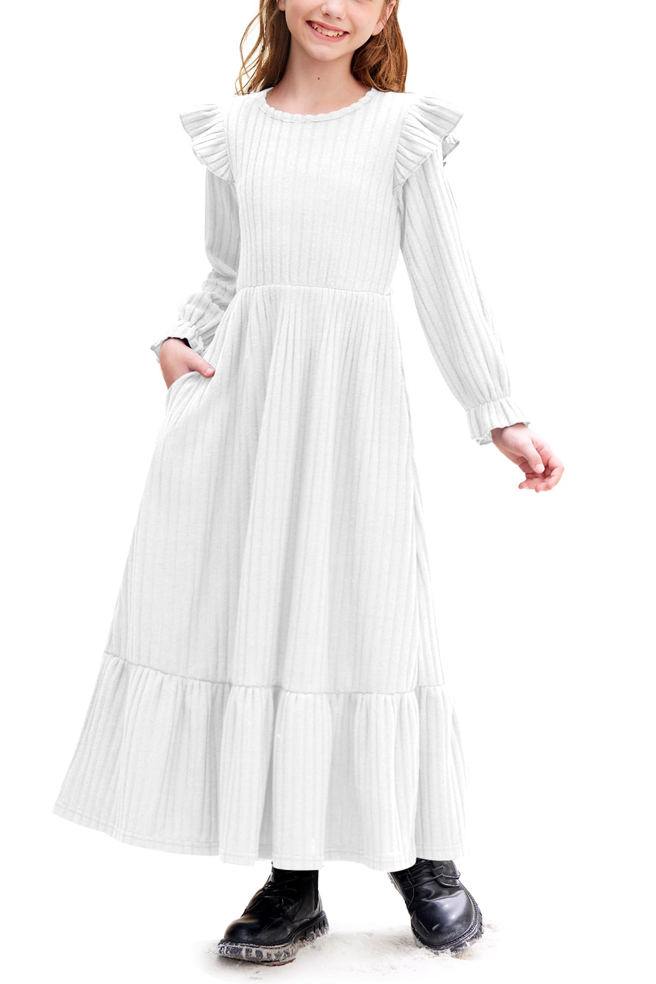 Girl's Fall Long Sleeves Ruffle Crew Neck