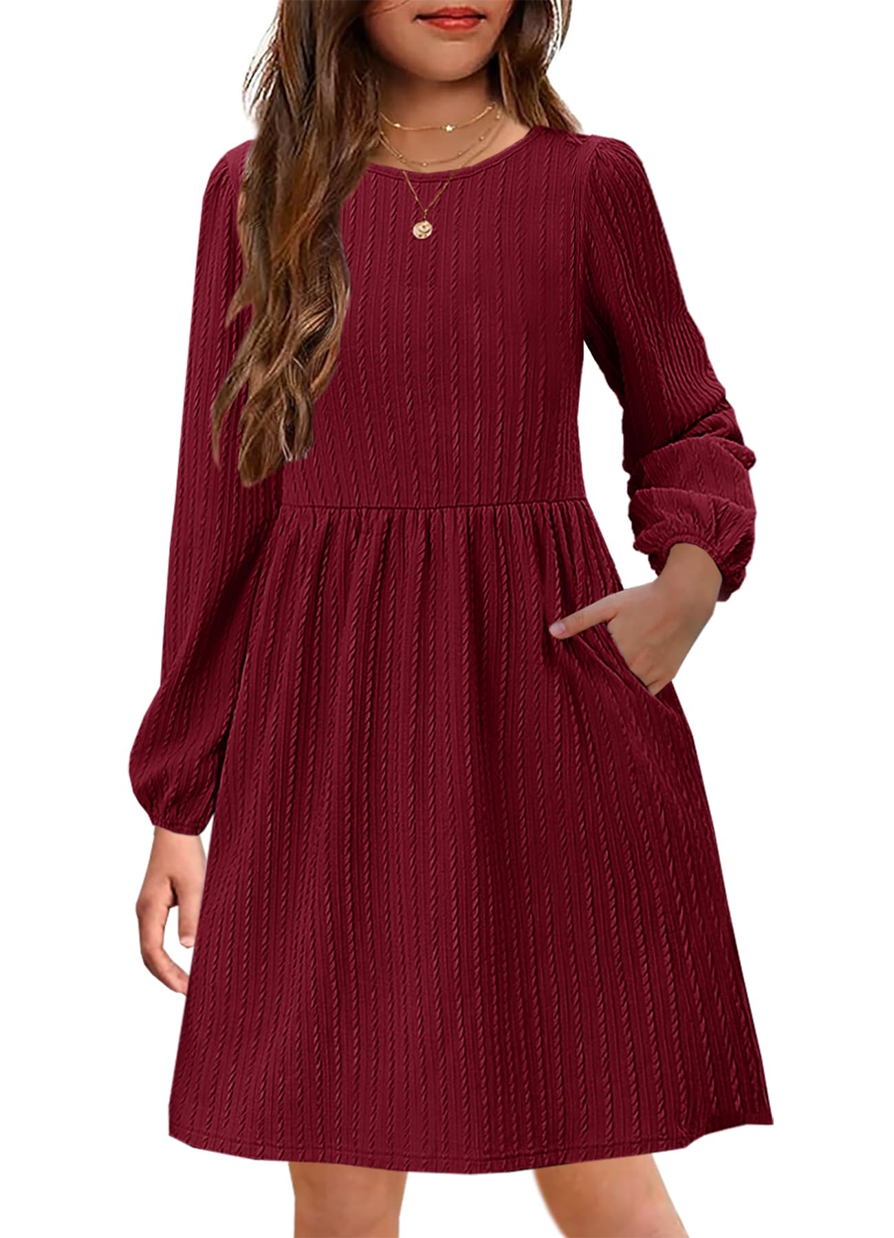 Girls Knit Dress Crew Neck Long Sleeve