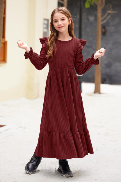 Girl's Fall Long Sleeves Ruffle Crew Neck