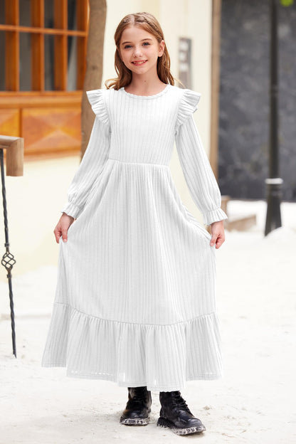 Girl's Fall Long Sleeves Ruffle Crew Neck