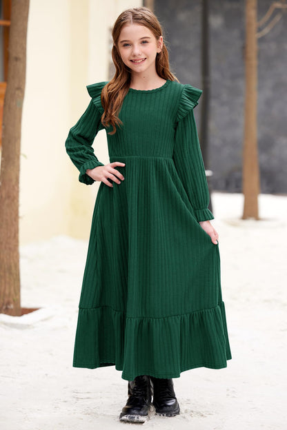 Girl's Fall Long Sleeves Ruffle Crew Neck