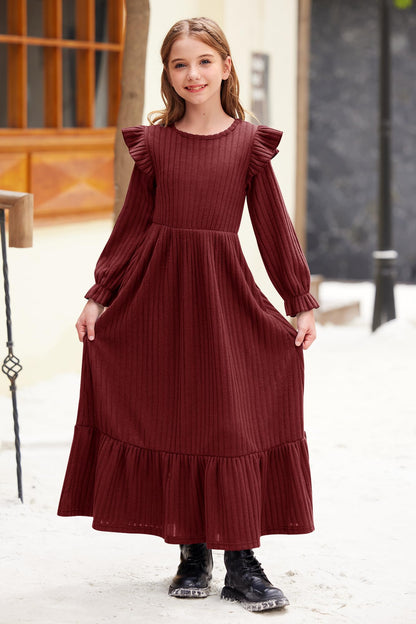 Girl's Fall Long Sleeves Ruffle Crew Neck