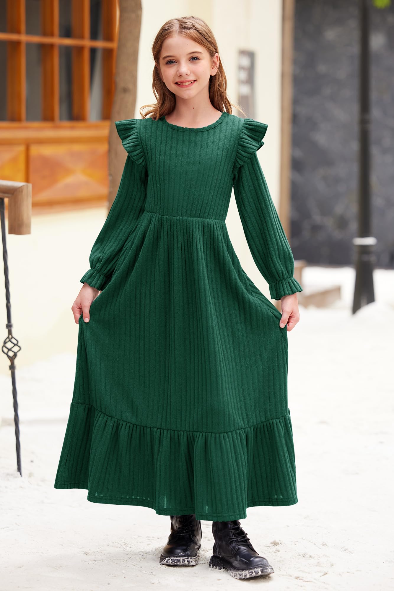 Girl's Fall Long Sleeves Ruffle Crew Neck