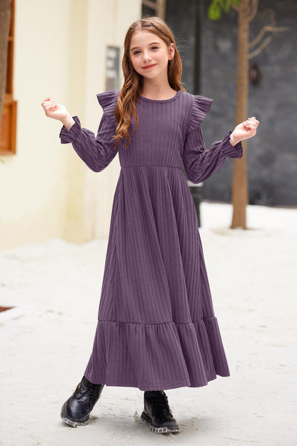 Girl's Fall Long Sleeves Ruffle Crew Neck