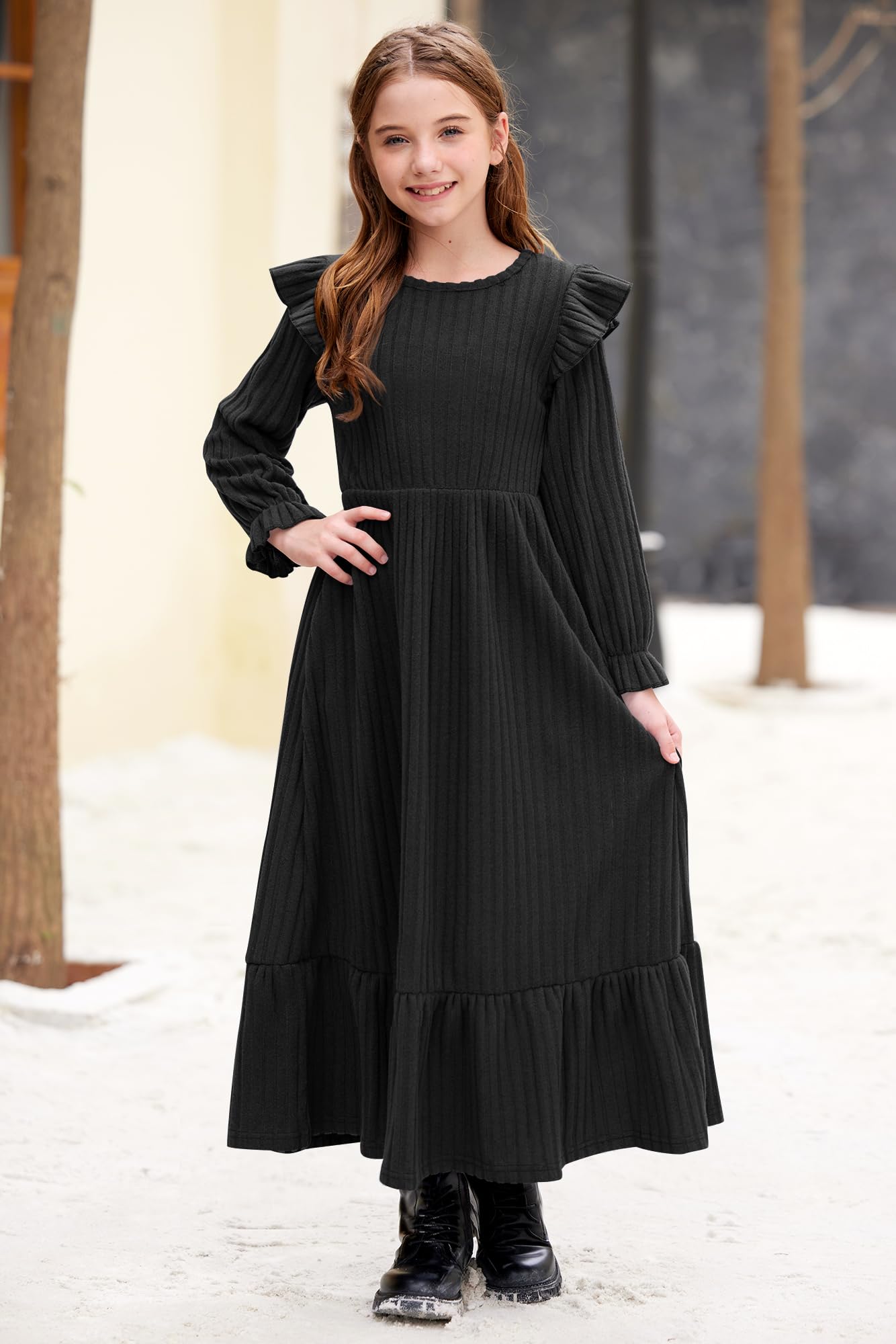 Girl's Fall Long Sleeves Ruffle Crew Neck