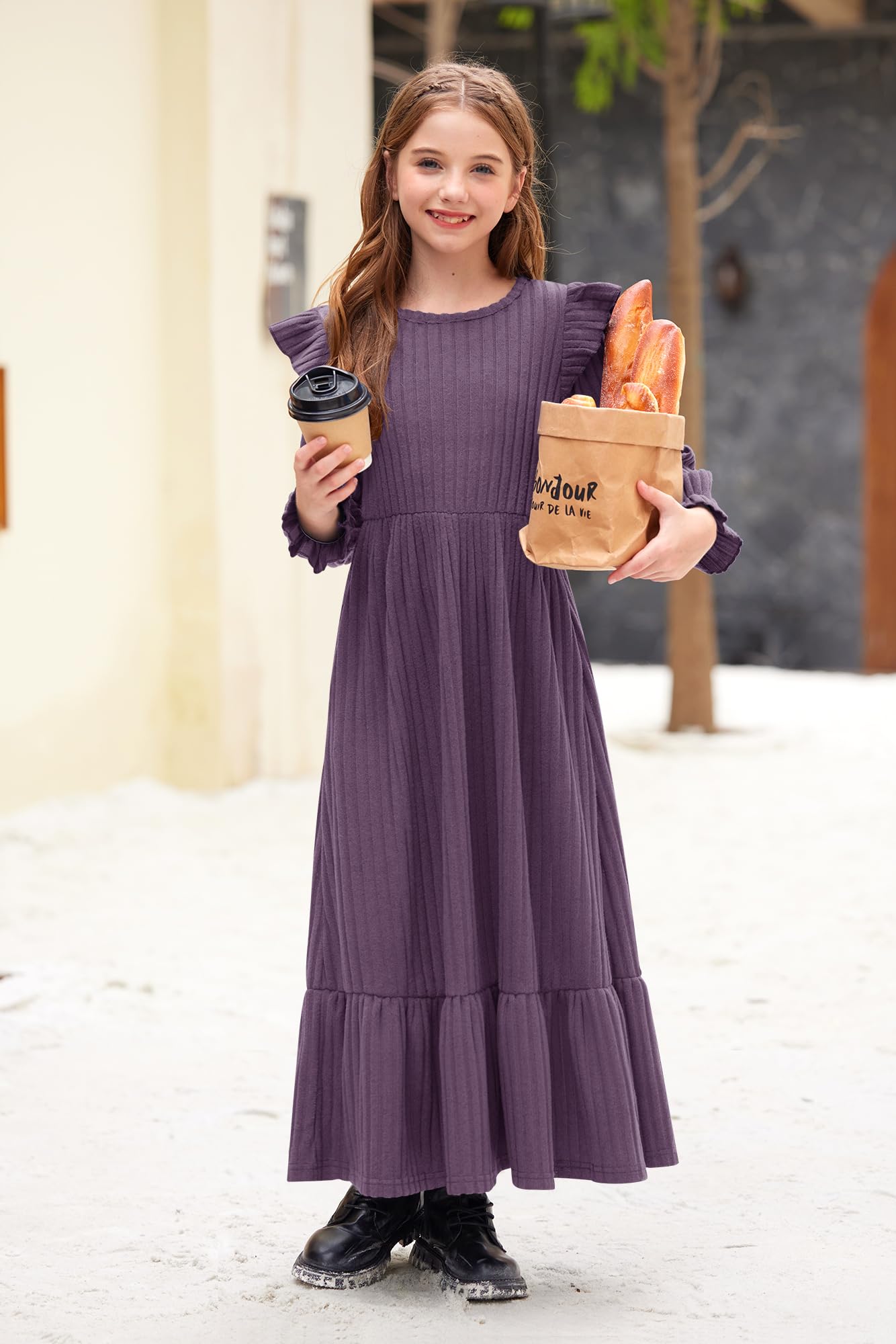 Girl's Fall Long Sleeves Ruffle Crew Neck