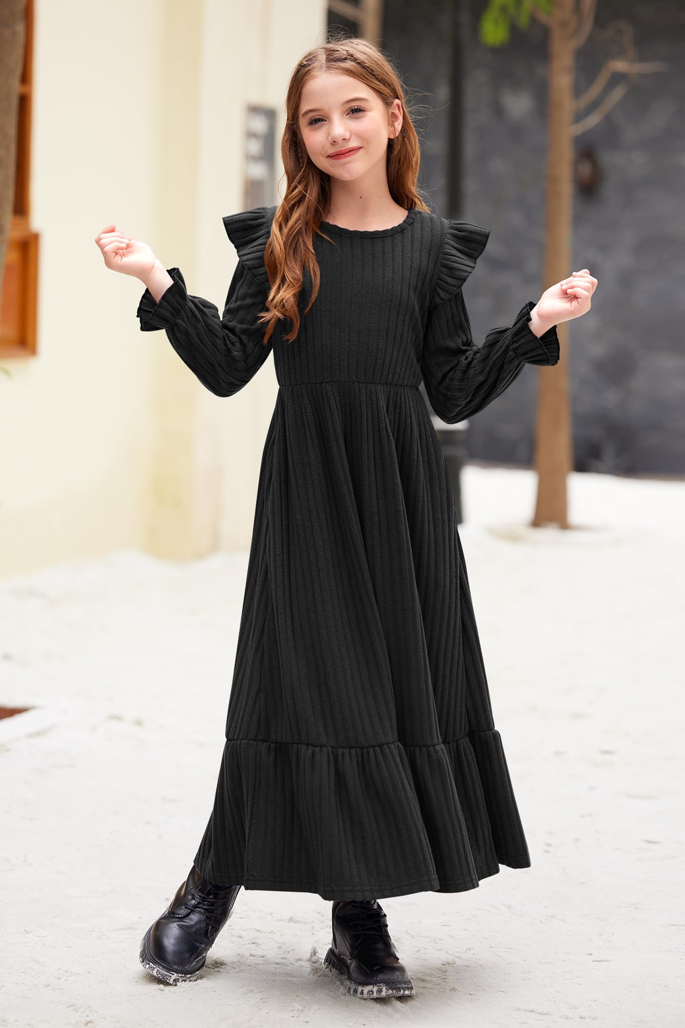 Girl's Fall Long Sleeves Ruffle Crew Neck