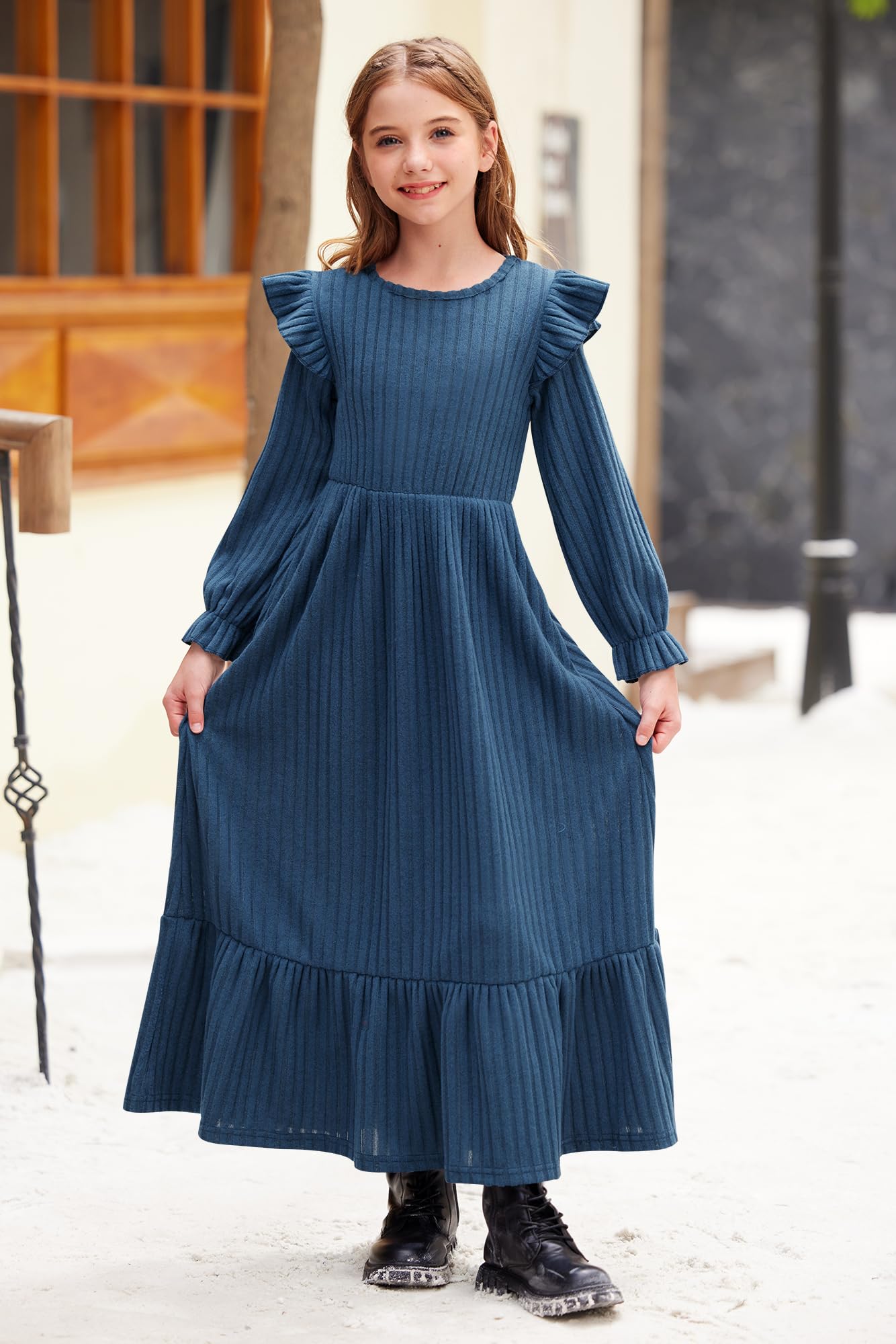 Girl's Fall Long Sleeves Ruffle Crew Neck