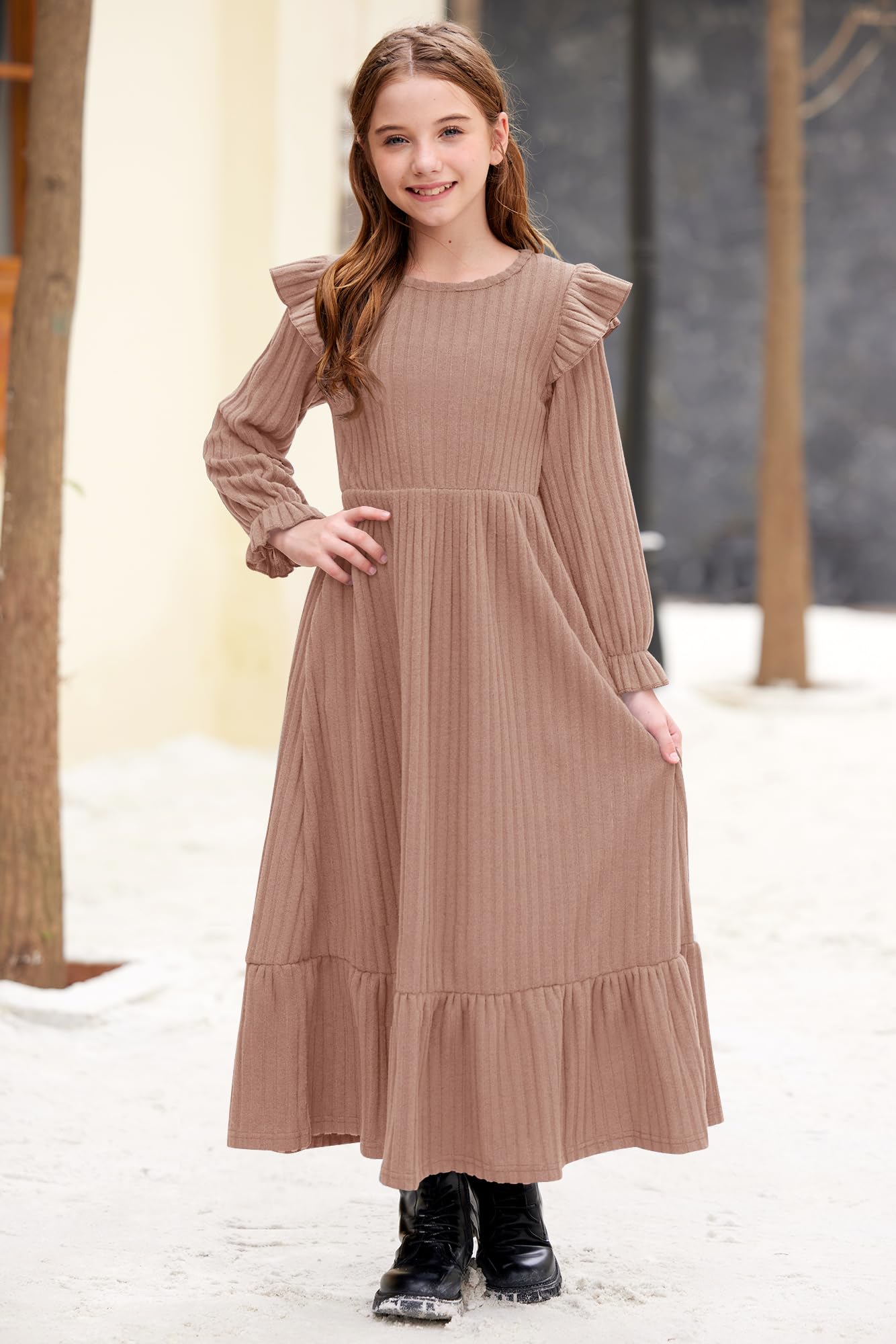 Girl's Fall Long Sleeves Ruffle Crew Neck