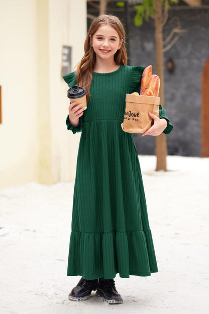 Girl's Fall Long Sleeves Ruffle Crew Neck