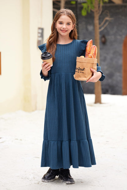 Girl's Fall Long Sleeves Ruffle Crew Neck