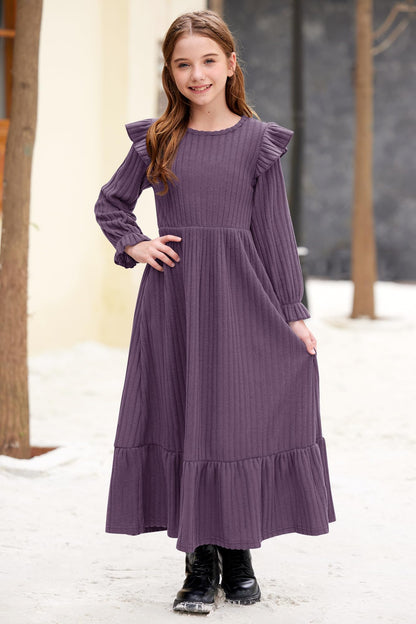 Girl's Fall Long Sleeves Ruffle Crew Neck