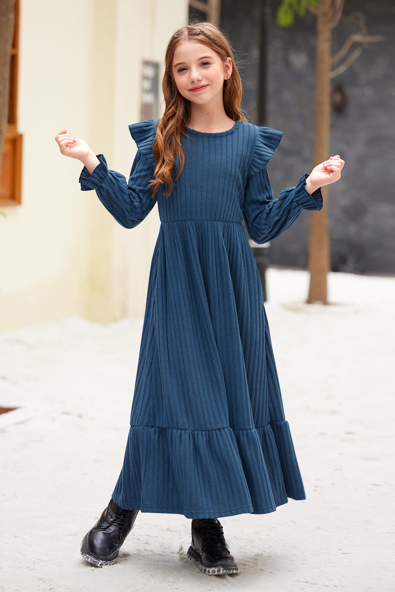 Girl's Fall Long Sleeves Ruffle Crew Neck