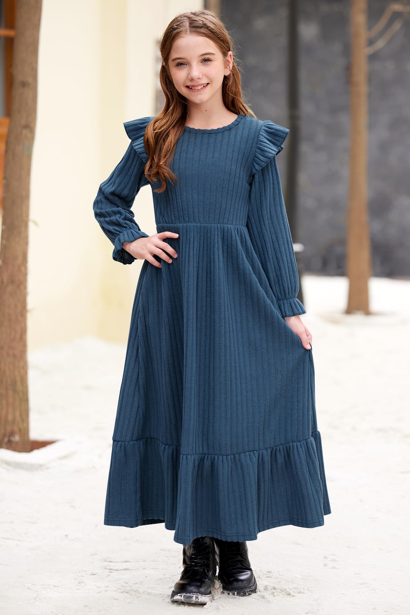 Girl's Fall Long Sleeves Ruffle Crew Neck