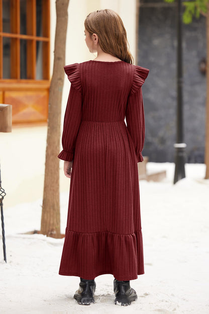 Girl's Fall Long Sleeves Ruffle Crew Neck