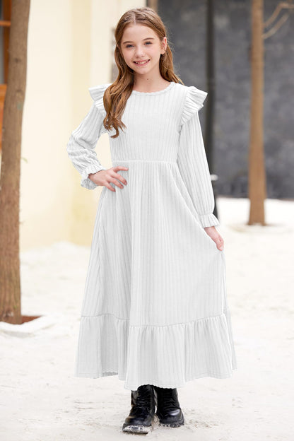 Girl's Fall Long Sleeves Ruffle Crew Neck