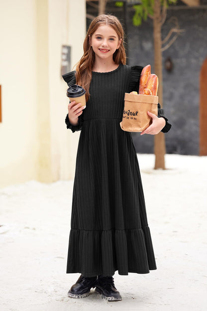 Girl's Fall Long Sleeves Ruffle Crew Neck