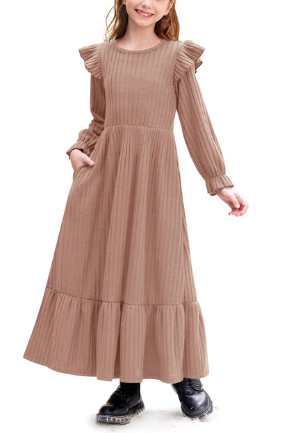 Girl's Fall Long Sleeves Ruffle Crew Neck