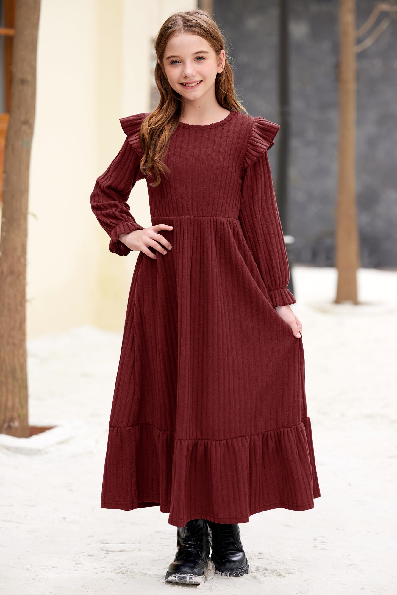 Girl's Fall Long Sleeves Ruffle Crew Neck