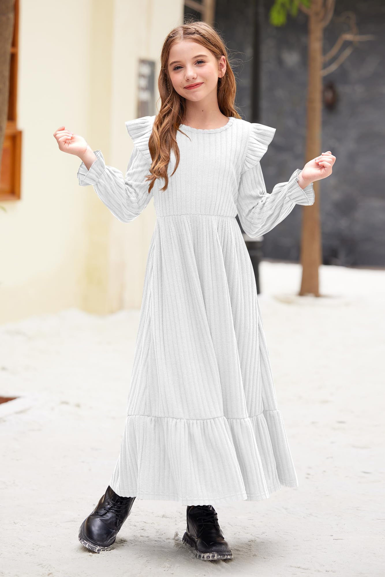 Girl's Fall Long Sleeves Ruffle Crew Neck