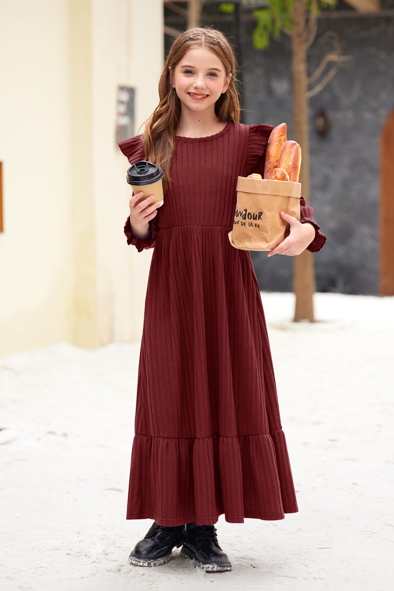 Girl's Fall Long Sleeves Ruffle Crew Neck