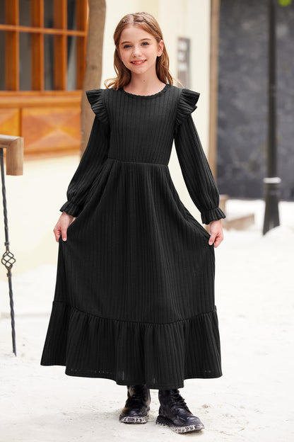 Girl's Fall Long Sleeves Ruffle Crew Neck