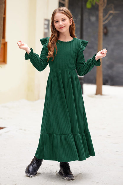 Girl's Fall Long Sleeves Ruffle Crew Neck