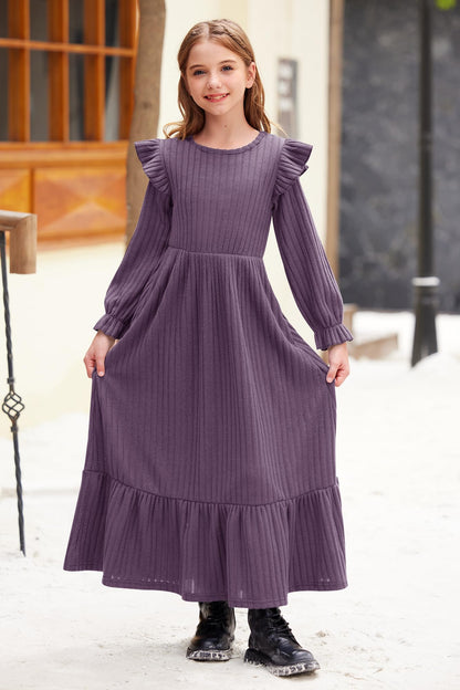 Girl's Fall Long Sleeves Ruffle Crew Neck